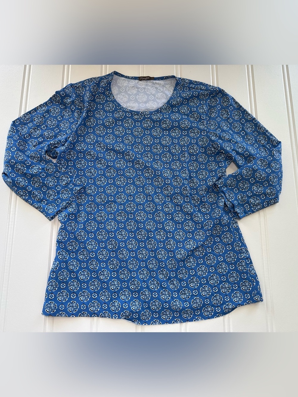 J.McLaughlin Women Top Large Catalina Cloth 3/4 Sleeve Shirt Blue Geometric